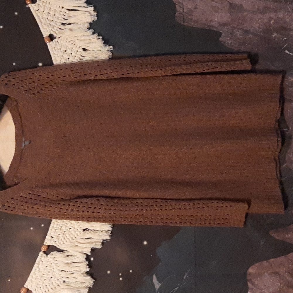 EUC sweater kmitted mini dress brown crochet look arms long sleeve medium scoop